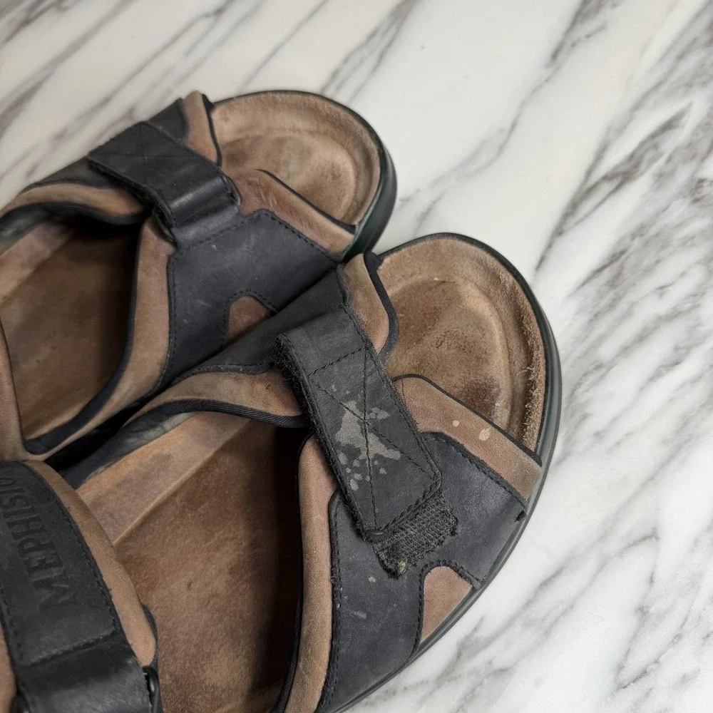 Mephisto Sandals Men Size 12 US Shark Fit 46 EU Black Brown Leather Slip On Shoe